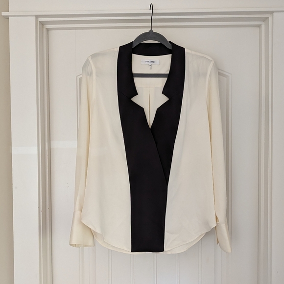 Frame Denim Tops - ⛔ sold ⛔ FRAME Contrast Inverted Notch Collar 100% Silk Blouse, size S